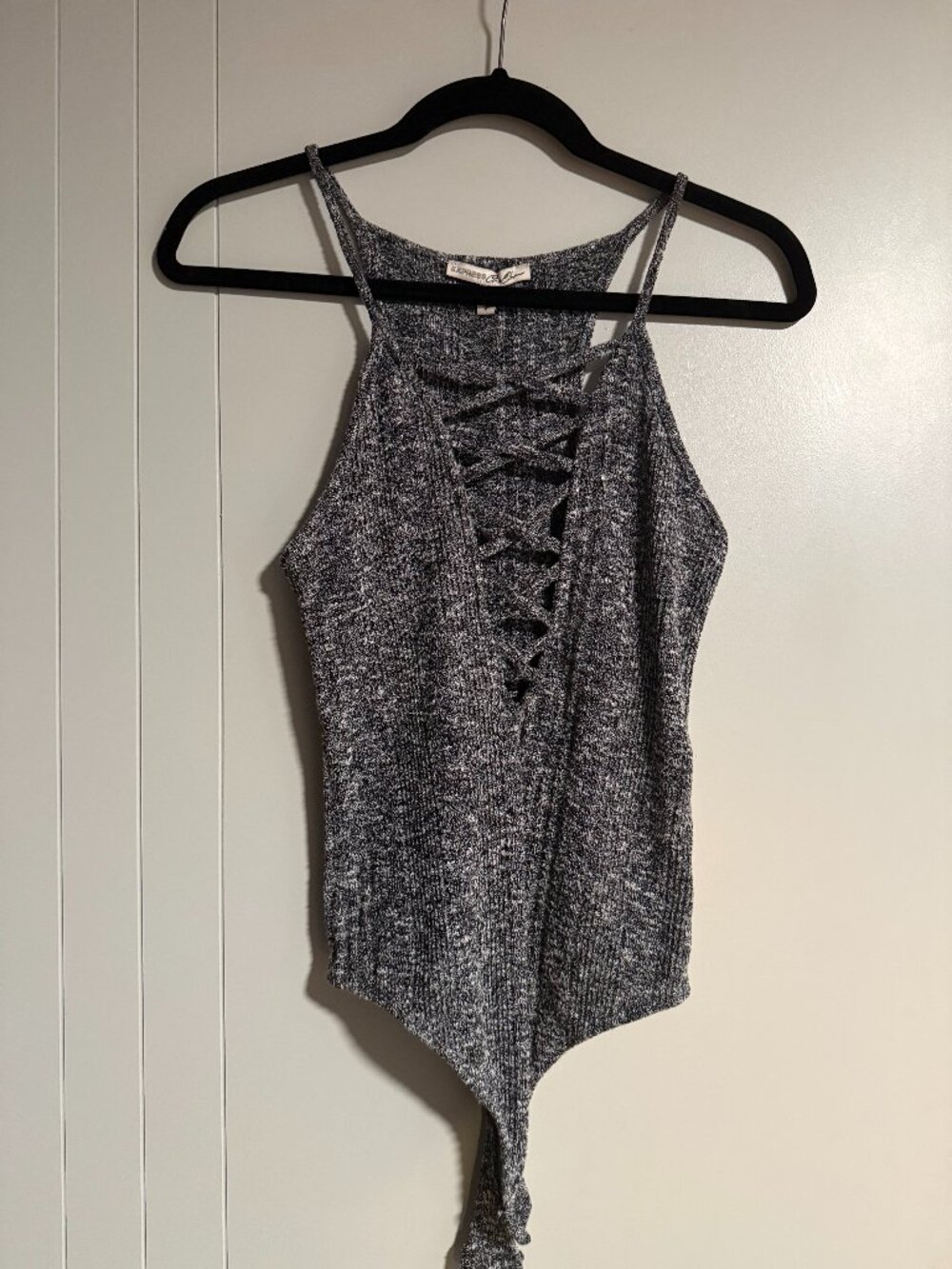 Express Bodysuit - Gray Sweater Material, Low Cut (Women's Size Small)